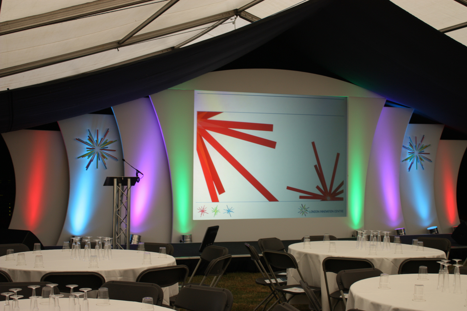 A stage and seating layout prepared for a corporate event